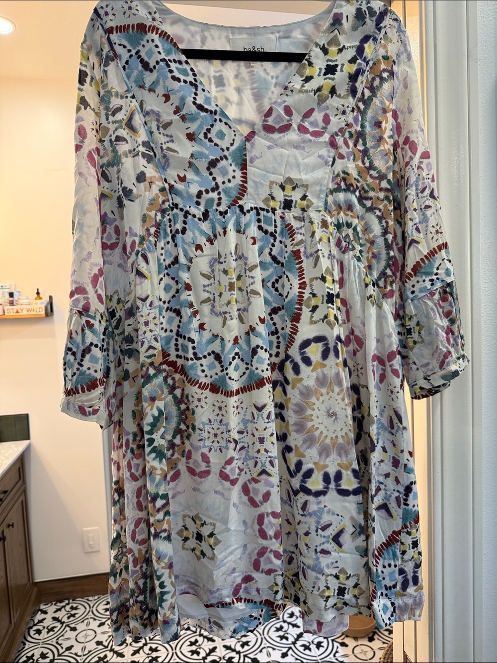 ba&sh Multi-Color V-Neck Dress in White, Blue, Pink and tans